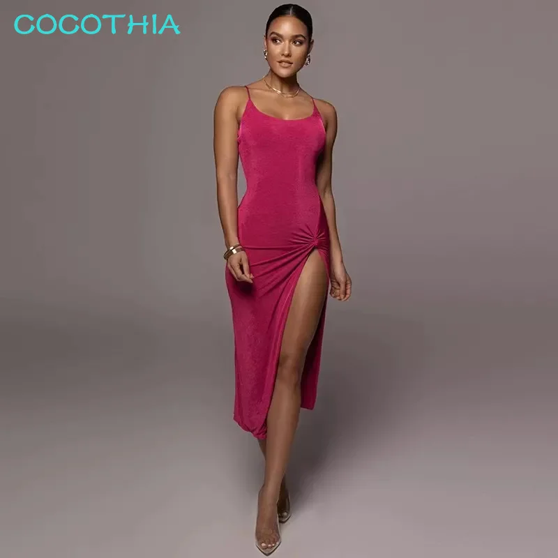 

COCOTHIA-Sleeveless Bodycon Maxi Dress for Women, Spaghetti Strap, Spaghetti Strap, Split, Rose Red, Holiday, Beach Club Wear
