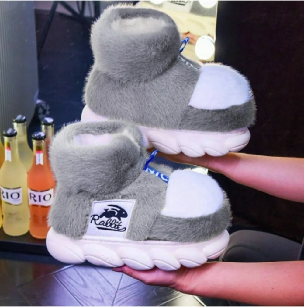 Plush Cotton Slippers Women Winter Warm Shoes Lining Indoor Couple Slides men Platform High Top Snow Boots Female Home