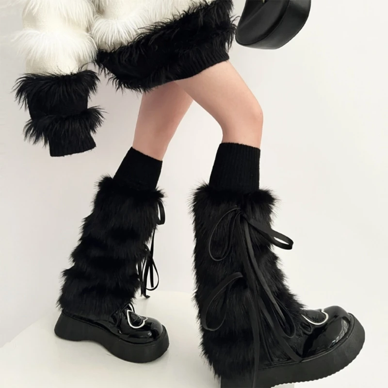 E15E femmes hiver fourrure blanc jambières bas Harajuku Vintage chaud Leggings bottes manchettes doux nœud floue