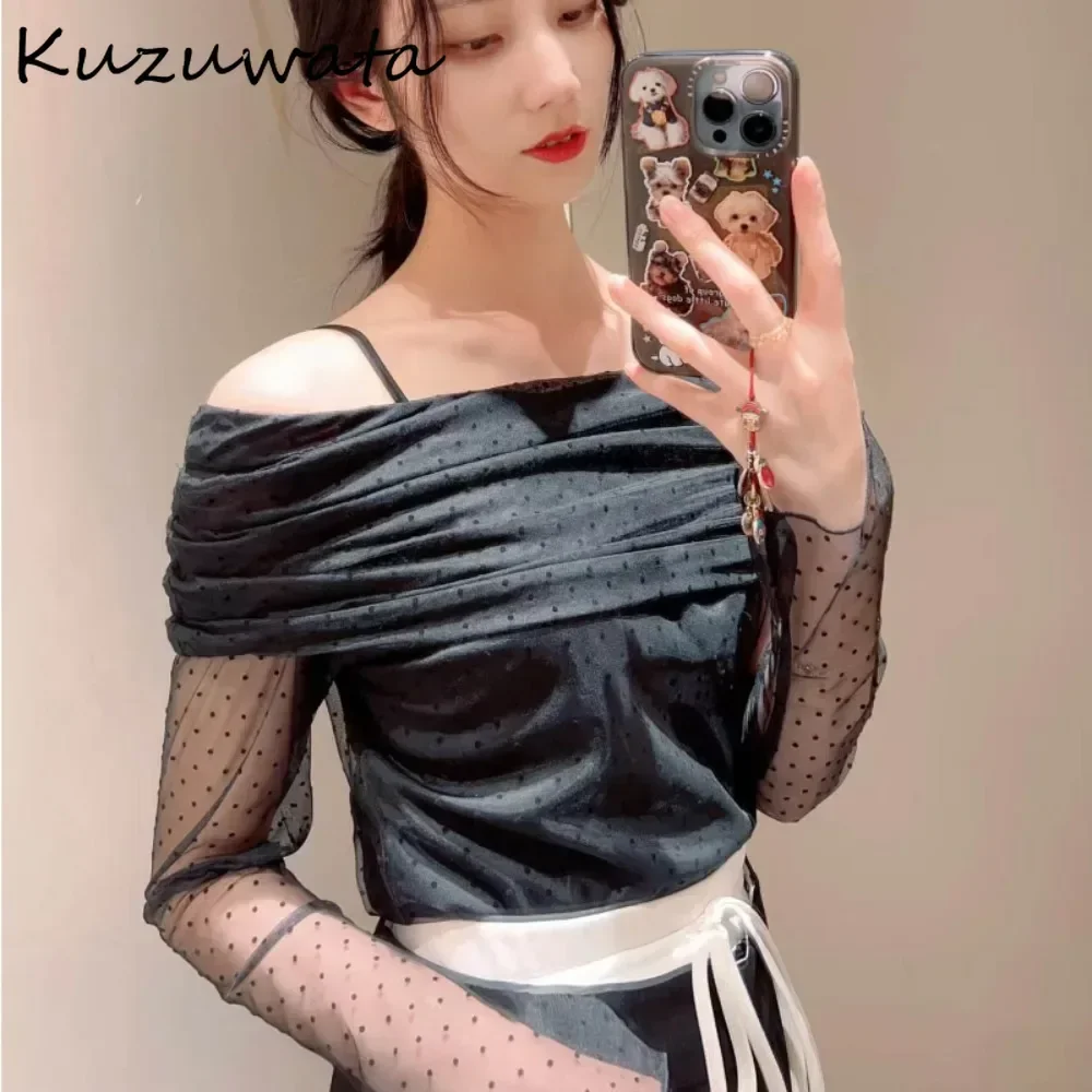 Kuzuwata Irregular Vintage Slash Neck Long Sleeve Women Clothing Voile All-match Off Shoulder Dot Shirt Japan Sweet New Mujer