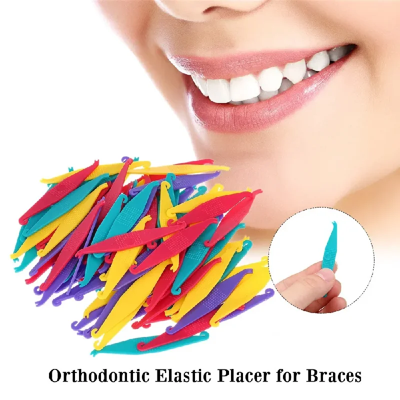 100PCS Mixed Color Dental Orthodontic Elastomeric Ties Disposable Braces Ligature Rings for Teeth Alignment 6cm Elastic Placers