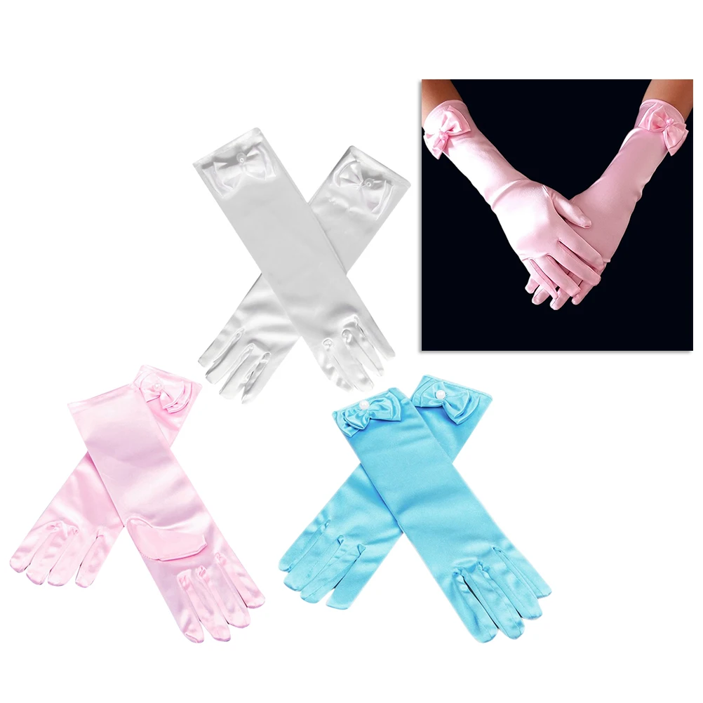 

1Set Long Satin Gloves Girls 3 Colors White Pink Light Blue Bowknot Party Dress Up Gloves for Kids Wedding Ballet