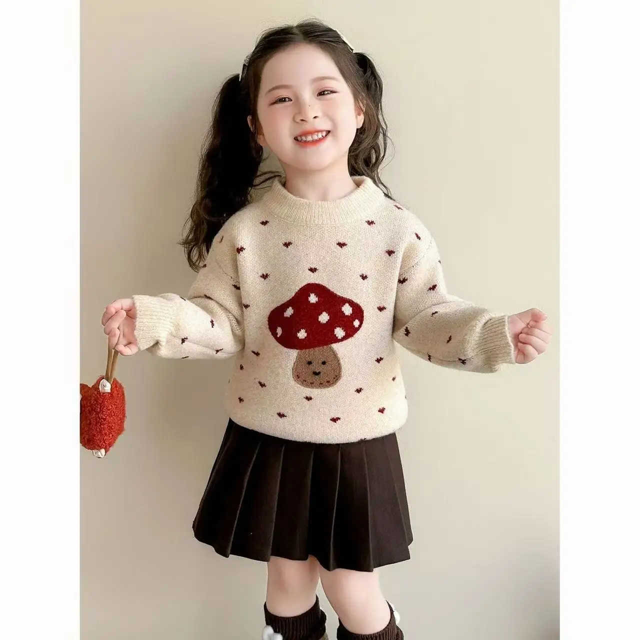

Girls' Fleece-Lined Sweater Collection Arrival Little Ladies' Cat-Print Stylish Knitted Pullover Thickened Children's Knitwear