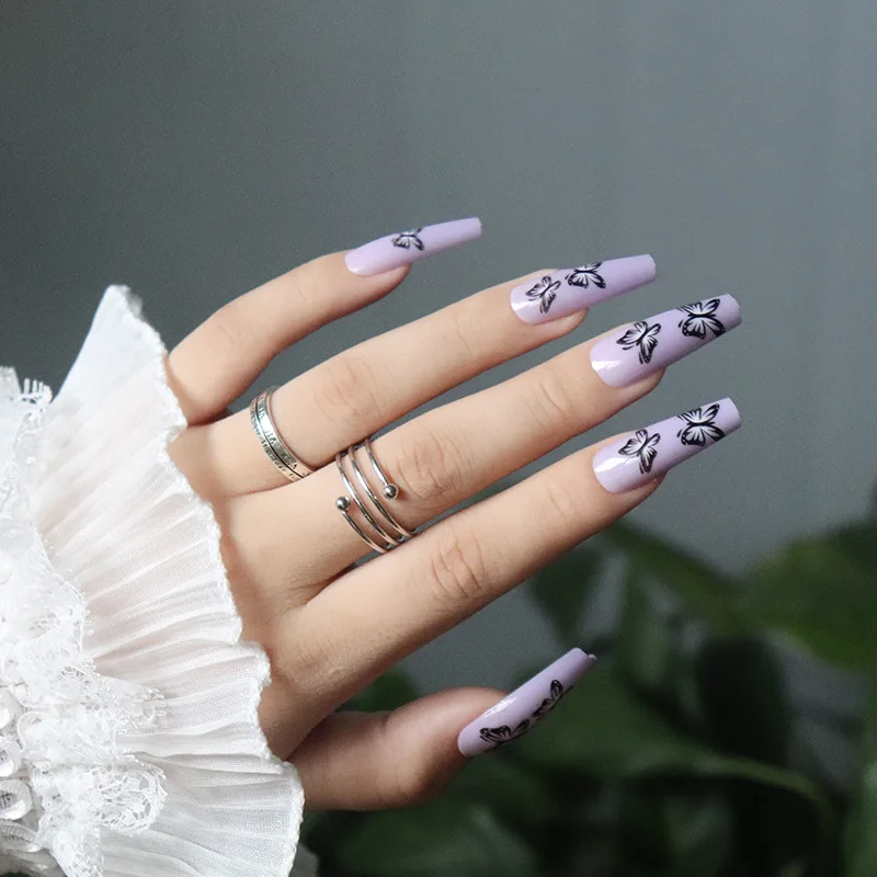 

24Pcs/Set French Long Ballet Removable Fake Nails Black Butterfly Purple Acrylic Wearing False Nails Handmade Press on Nail Tips