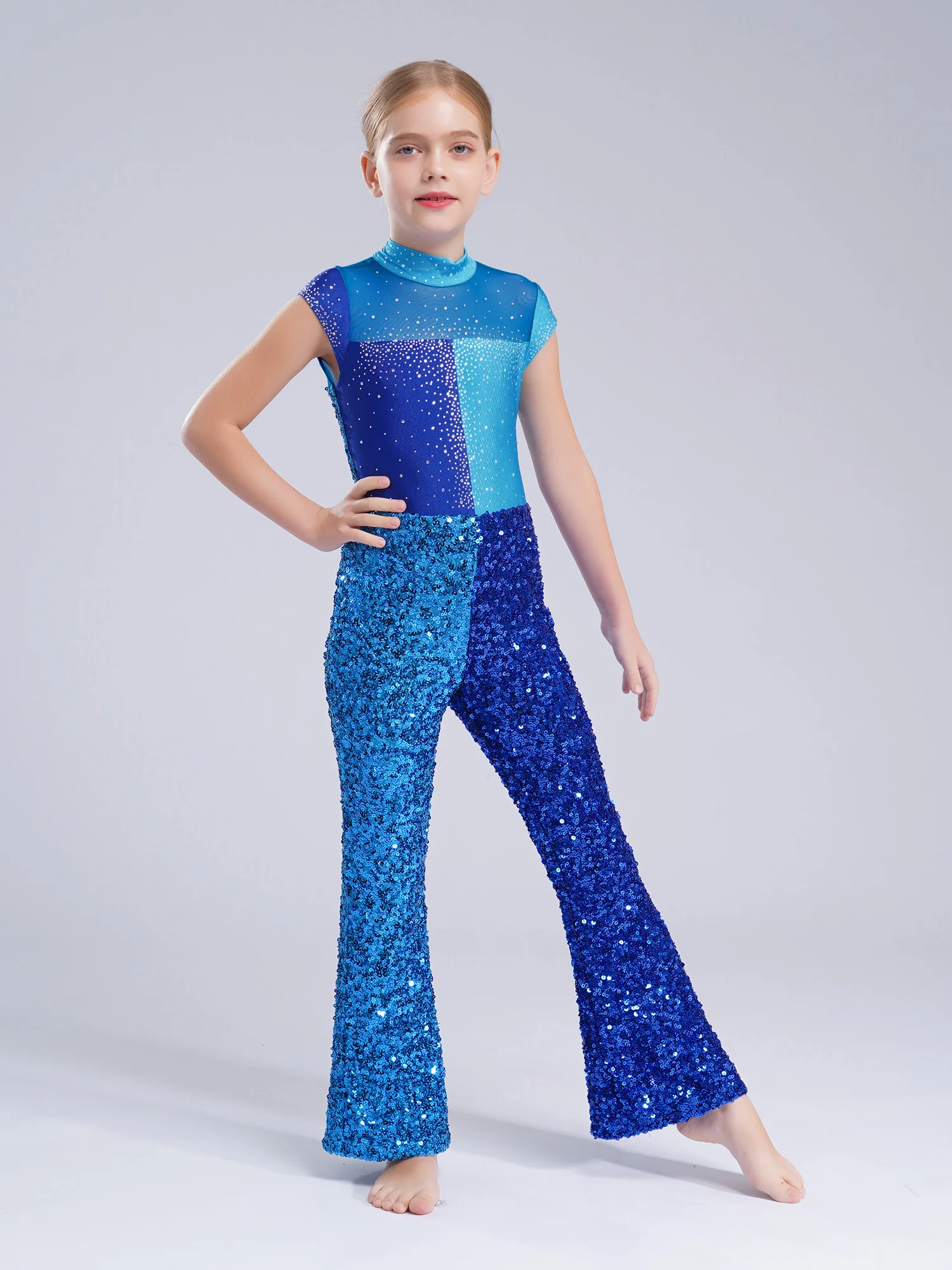 Abbigliamento da strada per ragazze Paillettes Dancewear Costume da ballo jazz Bambini Tuta scintillante Tuta a blocchi di colore Bambini Streetwear