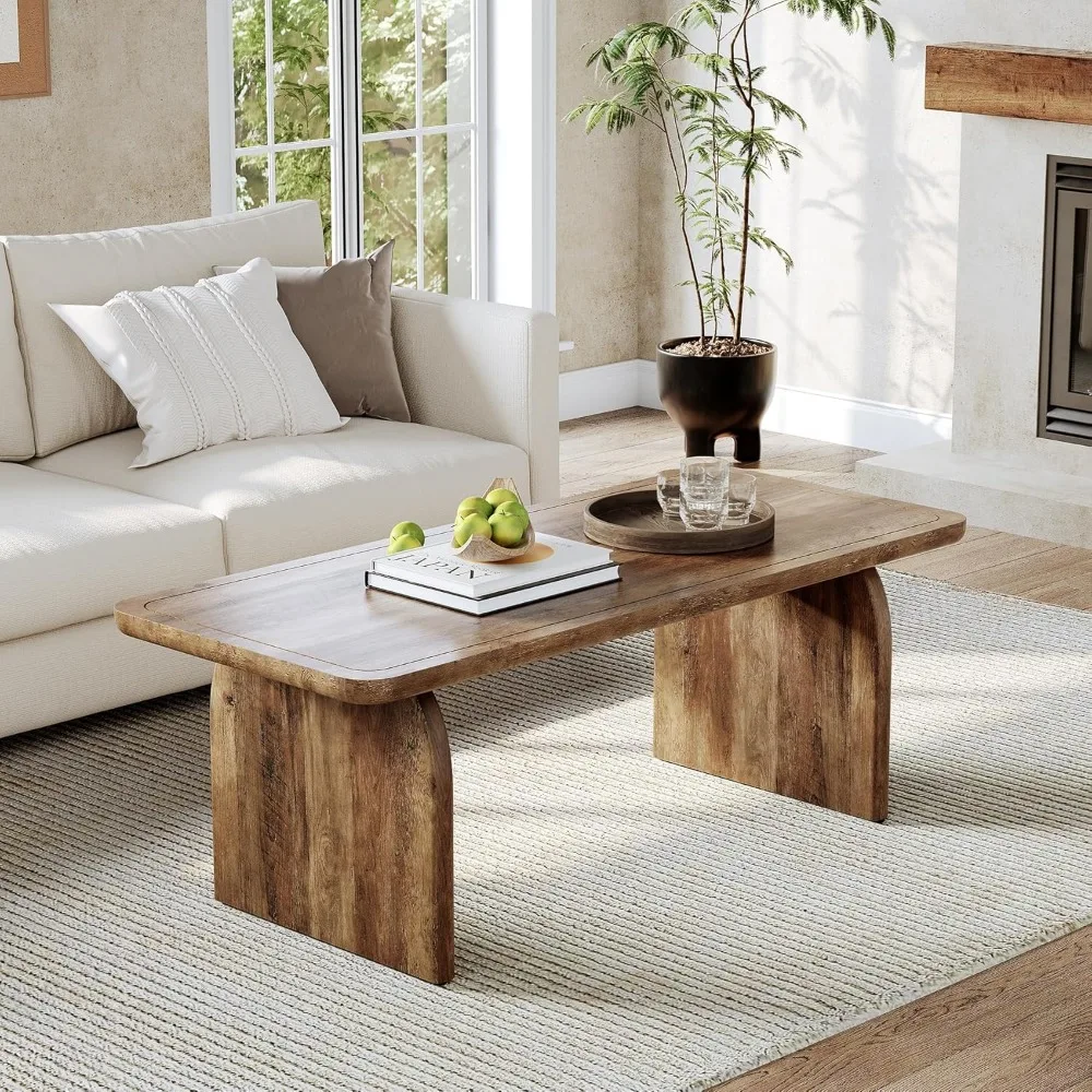 Modern Rectangular Wooden Coffee Table 47 Inches with Rounded Corners for Living Room