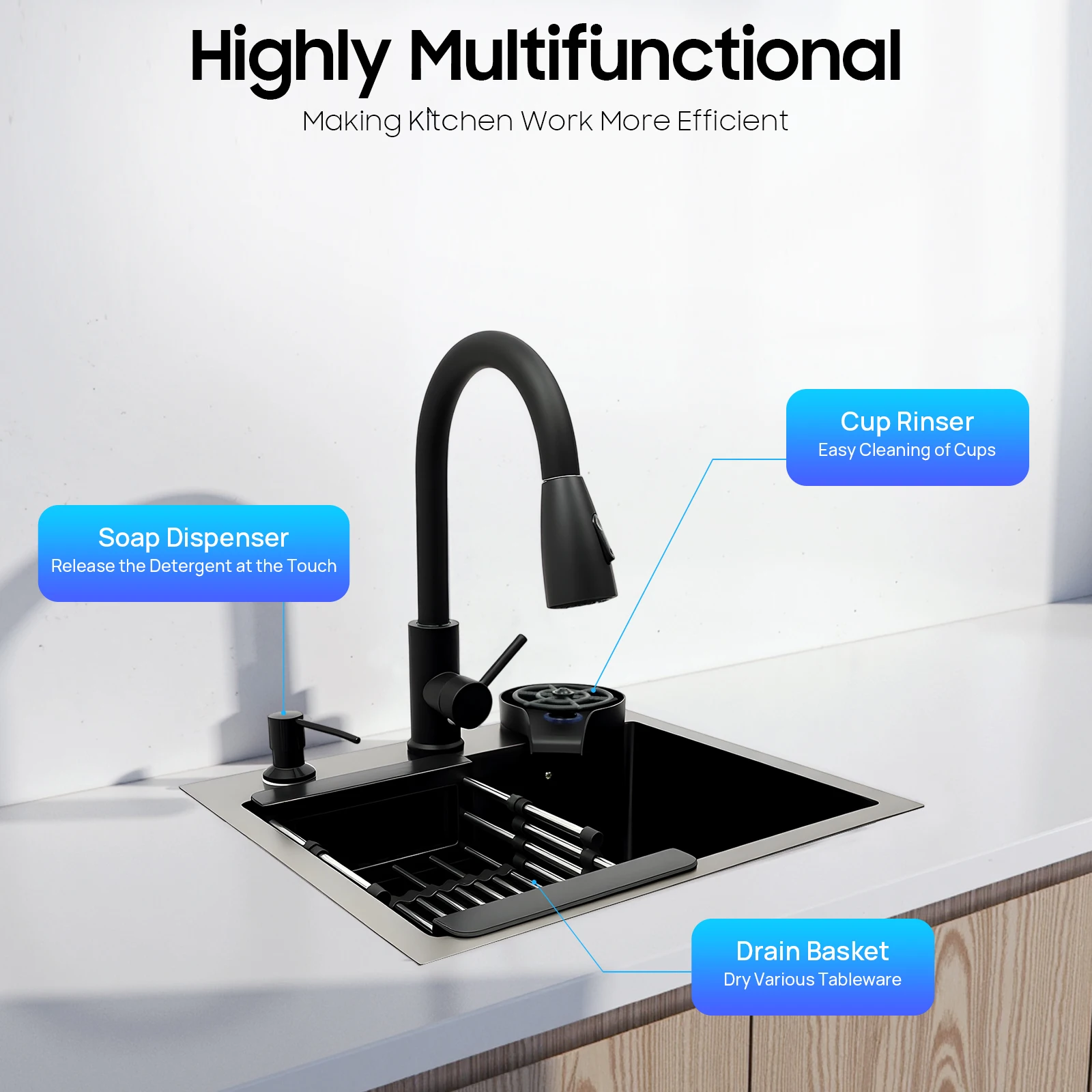 Multi-functional Kitchen Sink with Retractable Faucet, Soap Dispenser and Drip Basket Black Stainless Steel Sink 3 Specification