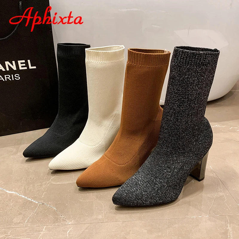 Aphixta 2022 Hot Sale Beige Sock Boots Women Shoes Stretch Knit 9cm Metal Bling Square Heel Pointed Toe Big Szie 42