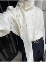 Women Satin Scarf Neck Polka Dot Printing Blouse Lady Fashion Full Sleeve Loose Basic Shirt Autumn New Highstreet Commute Wears 3