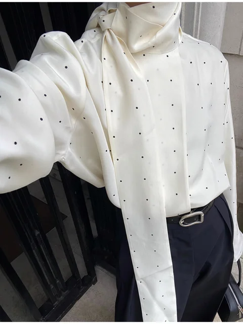 Women Satin Scarf Neck Polka Dot Printing Blouse Lady Fashion Full Sleeve Loose Basic Shirt Autumn New Highstreet Commute Wears 3 Women Satin Scarf Neck Polka Dot Printing Blouse Lady Fashion Full Sleeve Loose Basic Shirt Autumn New Highstreet Commute Wears 3