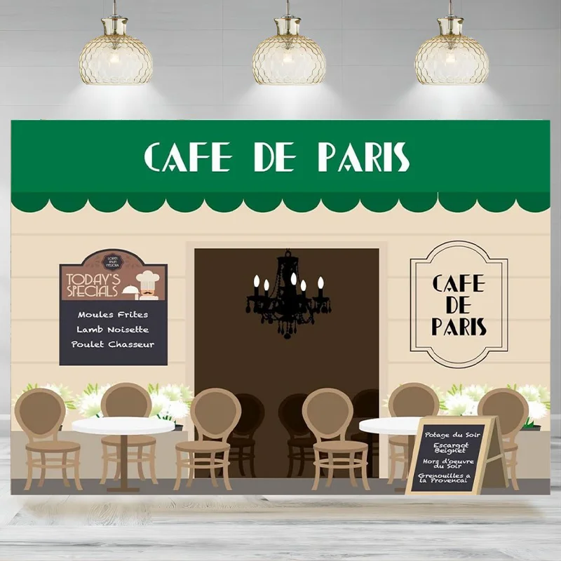 

Cafe Paris Backdrop Cartoon Coffee Shop Chandelier Table Chairs Paris Photographic Background Cafe Party Decorations Birthday