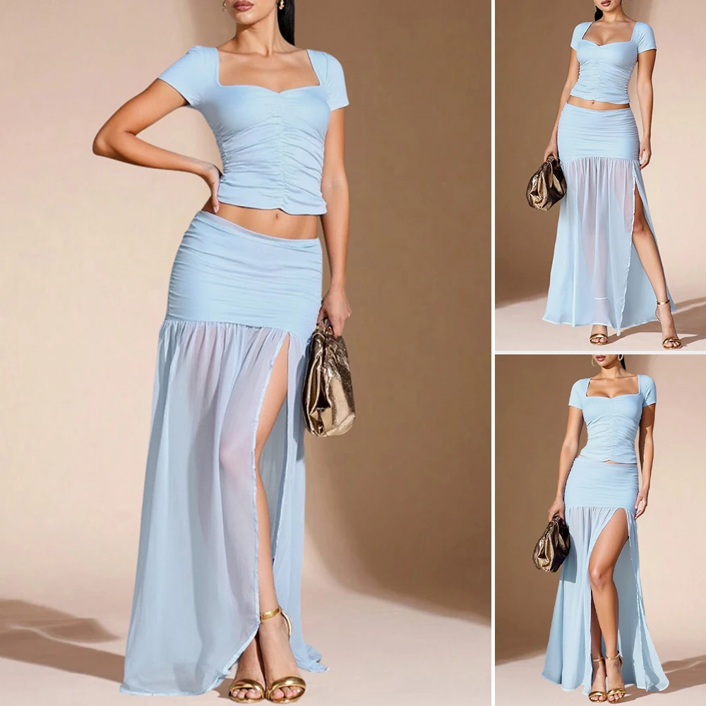 

Mia Muse Boutique с коротким рукавом и квадратным вырезом, макси-юбка с боковым разрезом, повседневные комплекты для женщин, комплекты для летних каникул, повседневные однотонные комплекты