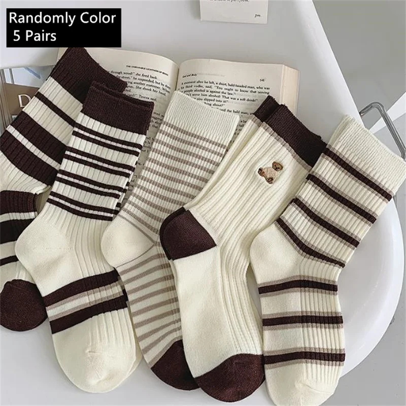 5pairs Combed Embroidered Letter Big R College Style Women\'s Sports Socks Stockings ,woman Socks In All Seasons Fashion Sock