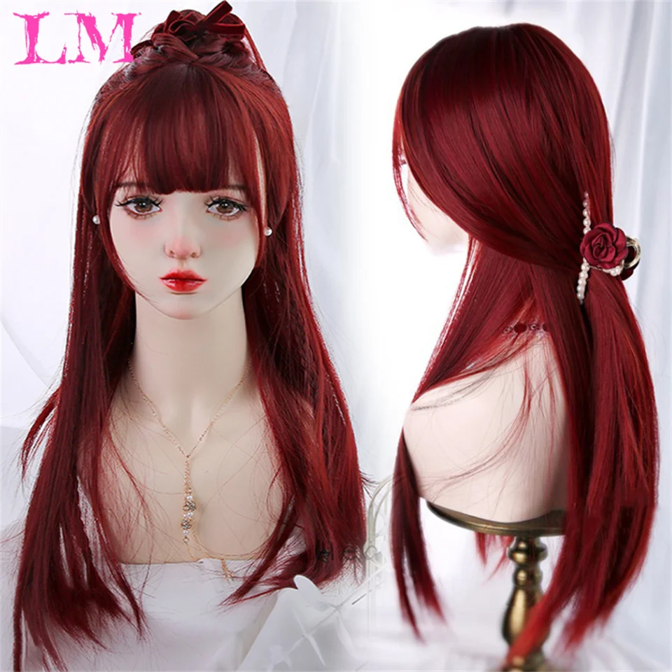 LM Red Wig Long Straight Wig for Woman Nature Synthetic Wigs for Cosplay Daily Use Heat Resistant headband wigs