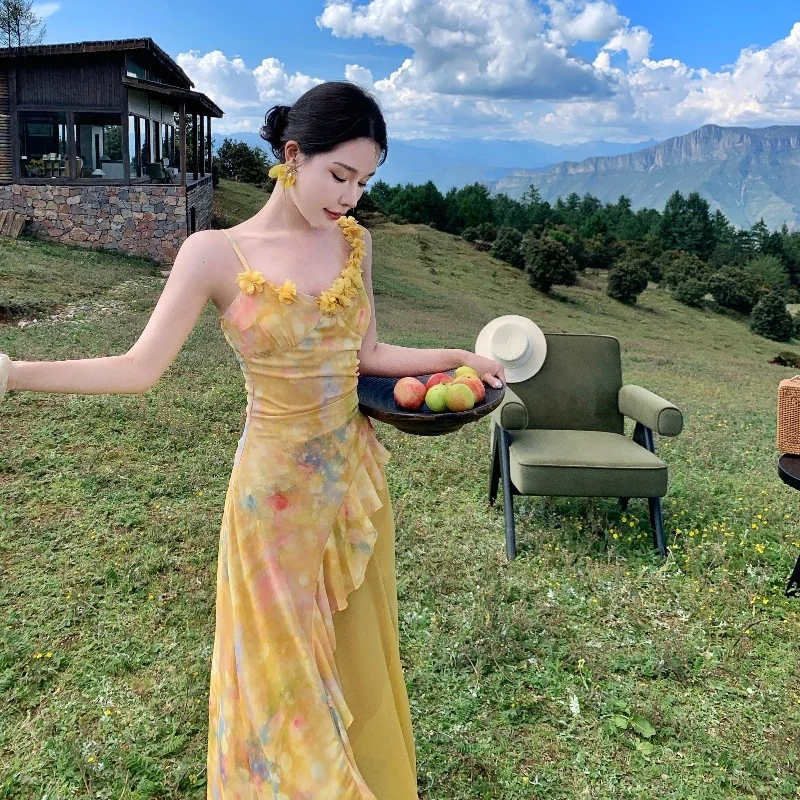 Women Monet's Garden Yellow Floral Tulle Bodycon Evening Dress Asymmetry Gown 3D Flower Elegant Luxury Party Prom Vestidos Robe