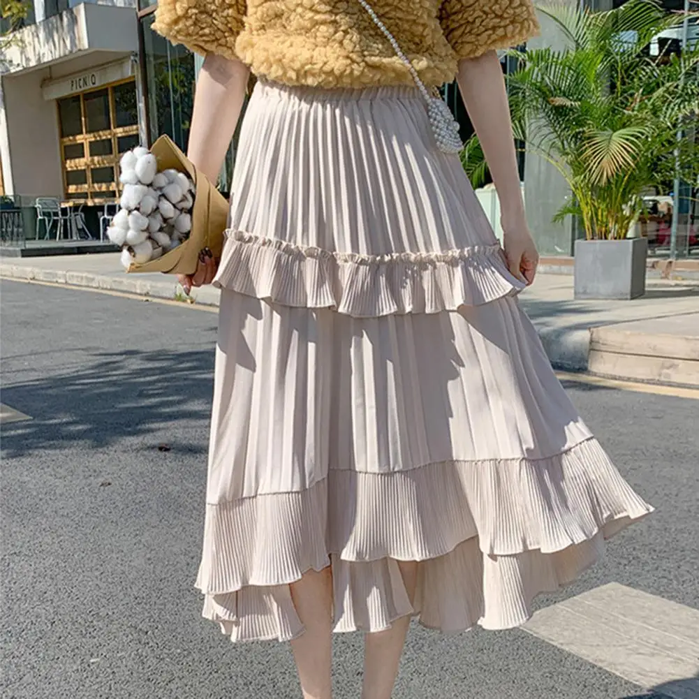 

Korean Ruffle Midi Long A-line Skirt Women High-low Hem Pleated Ruffle Edge A-Line Skirt Sweet Pleated Ruffle Trim Midi Skirt