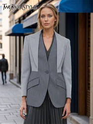 TWOTWINSTYLE Colorblock Spliced Pocket Blazer For Women V Neck Long Sleeve Tunic Patchwork Button Designer Casual Blazers Female