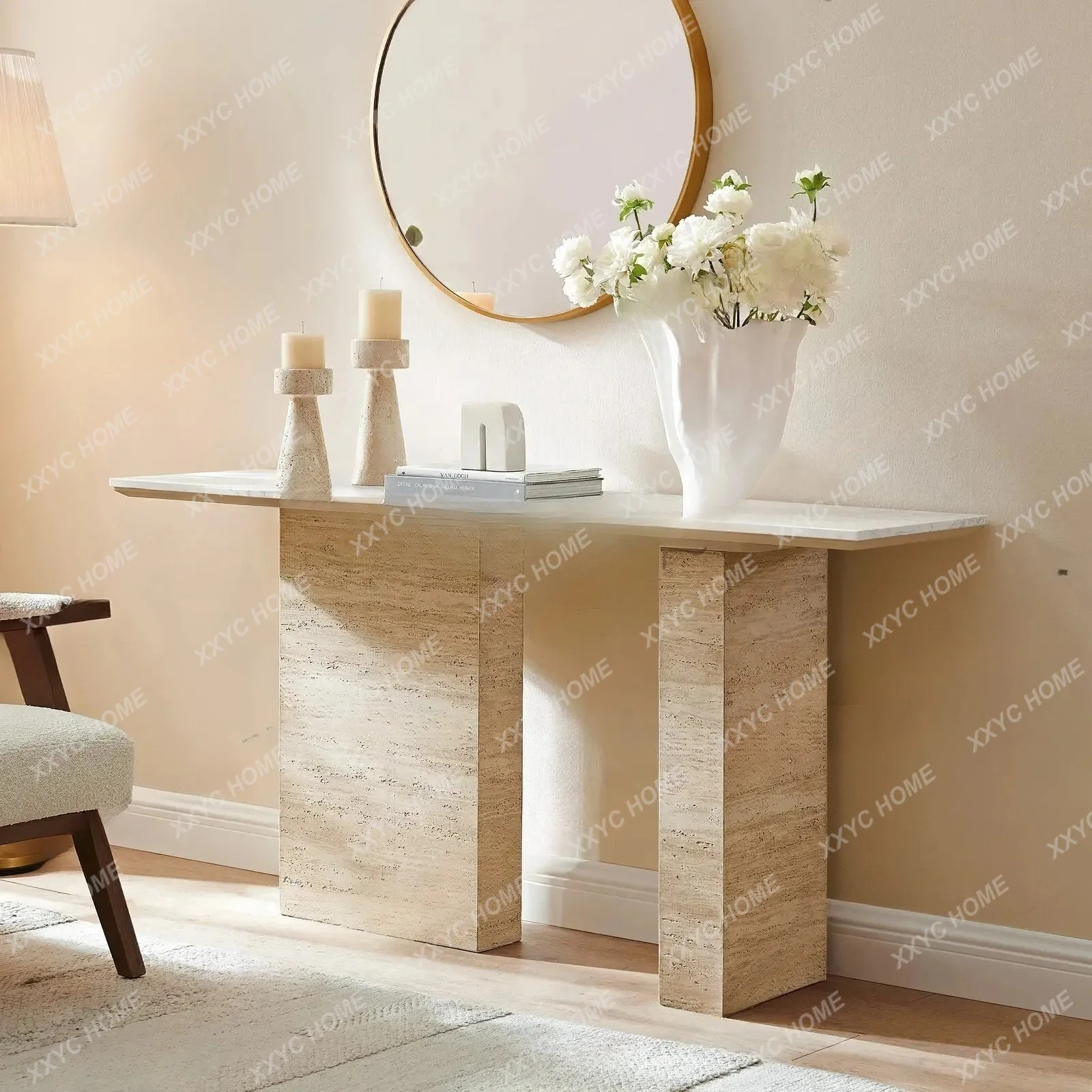 

Wabi-sandy wind natural travertine entrance entrance table against the wall long table