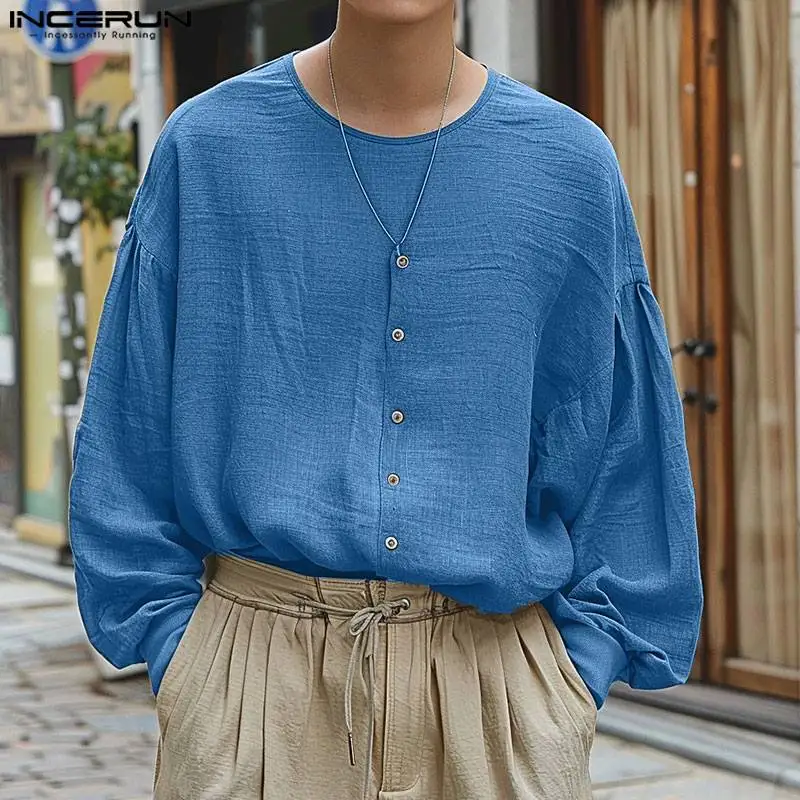 INCERUN Tops 2024 Korean Style Handsome Men Solid Simple Shirt Leisure Streetwear Male Hot Sale O-neck Long Sleeved Blouse S-5XL