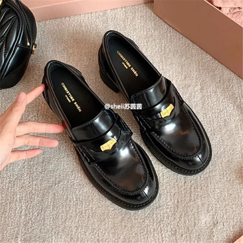 Hot New Women Star Style Loafers Shoes Girl Fashion Dress Shoe Lady Coin Chunky Heels Designer