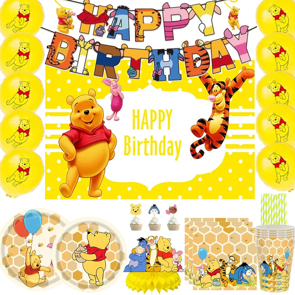 

Winnie The Pooh Birthday Party Supplies, Happy Birthday Banner Background Balloons Plates Cutlery Napkins Cake Topper tablecloth