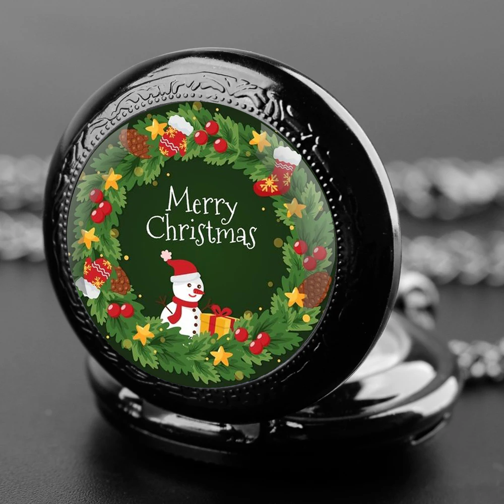 Merry Christmas Santa Claus Glass Dome Quartz Pocket Watch With Durable Chain Arabic Numeral Dial Extraordinary Gifts for Kids
