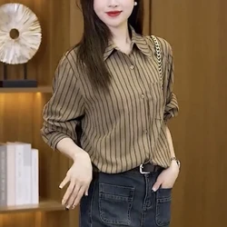 2024 New Spring and Autumn Korean Edition Minimalist Casual Loose Long Sleeved Blouses Polo Collar Striped Women's Shirt Top