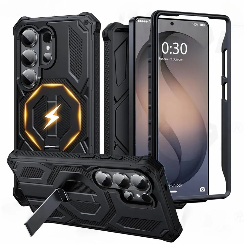 2026 Armor Case For Samsung Galaxy S26 S25 S24 Ultra Plus S24FE Coque For Magsafe Wireless Charging Magnetic Metal Stand Cover