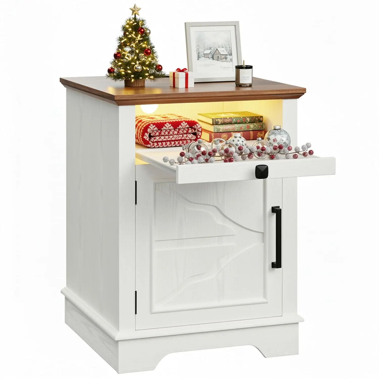 

Farmhouse Nightstand With Charging Station & 2 USB Ports, App Controlled LED End Table, 19" Rustic Side Table With, Customized