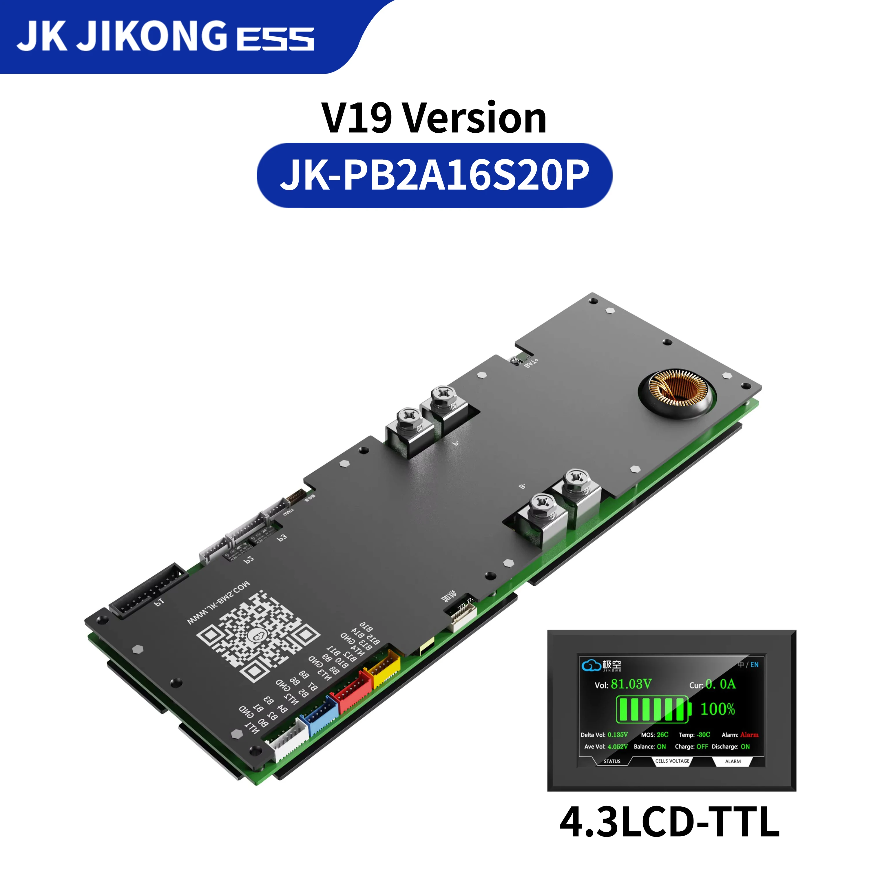 JK JIKONG BMS 4.3/7.0 inch V19 LCD PB2A16S20P Household Energy Inverter BMS 8S/24V 16S/48V 200A Li-ion/ Lifepo4/ LTO Battery BMS