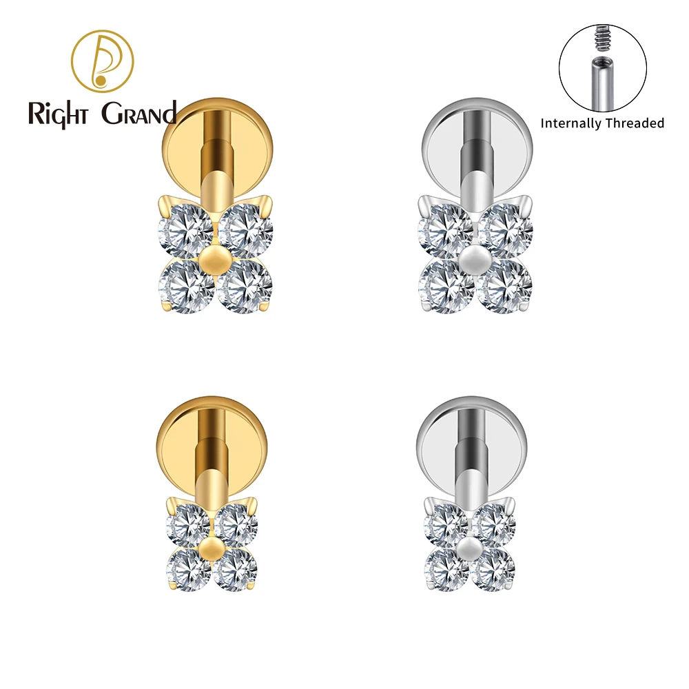 Right Grand Brinco de cartilagem ASTM F136 em titânio com flor de zircônia cúbica 16G, trevo de quatro folhas, zircônia cúbica, hélice, tragus, parte traseira plana, piercing labret