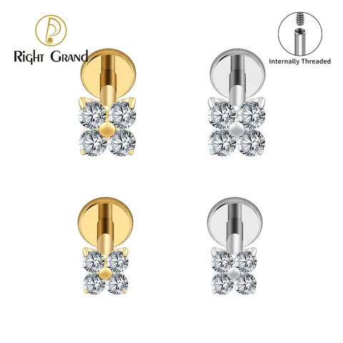 Right Grand ASTM F136 Titanium Flower CZ Cartilage Earring 16G Four Leaf Helix Tragus Stud Flat Back Labret Piercing Jewelry