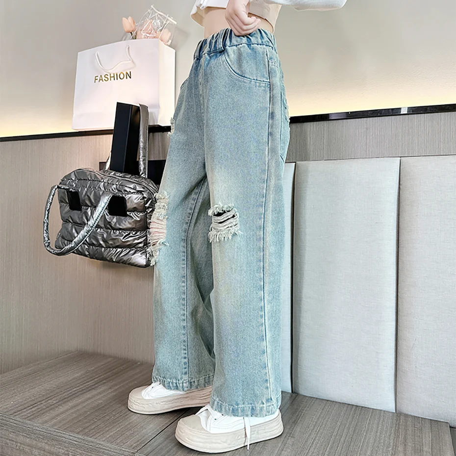 Girls Jeans Big Hole Kids Jeans For Girls Casual Style Kids Ripped Jeans Spring Autumn Children Clothes 6 8 10 12 14