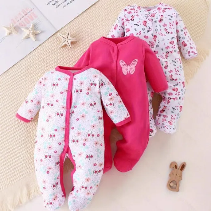 Somenie Cotton cross-border new 3-piece set of baby long crawling cartoon rabbit flower butterfly pattern with detachable feet