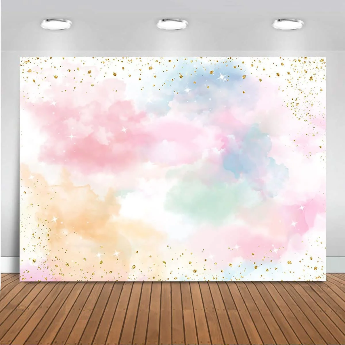สีสัน Cloud Pastel Rainbow ฉากหลังเจ้าหญิงสีน้ำ Rainbow Sky Golden Dots วันเกิดของตกแต่งงานปาร์ตี้เด็กไวนิล