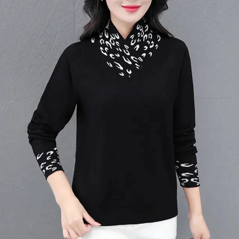 Women's Clothing Scarf Collar Contrast Color Spring Autumn Pullover Long Sleeve Geometric Casual T-shirt Office Lady Tops