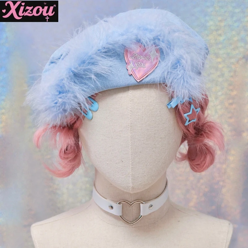 

Japanese Original Handmade Love Fluffy Light Blue Cloud Hat Beret Autumn and Winter Warm Sweet and Cool Y2K Subculture Hat Woman