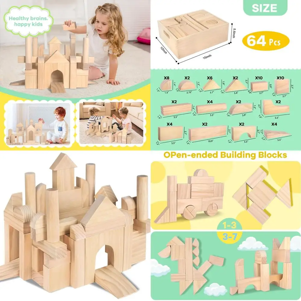 ชุดตัวต่อไม้ธรรมชาติ 64 ชิ้น พร้อมที่เก็บ สำหรับเด็กเล็ก 3 ปีขึ้นไป |   ของขวัญของเล่นเพื่อการศึกษาสำหรับเด็กชายและเด็กหญิง