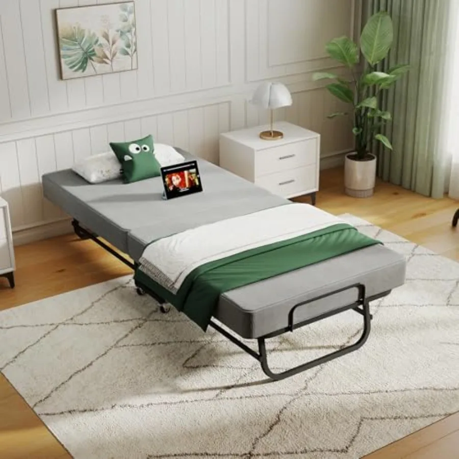 Folding Bed with Memory Foam Mattress, Portable Roll-Away Guest Bed for Adults, Space-Saving Fold-Up Bed on Wheels with Sturdy