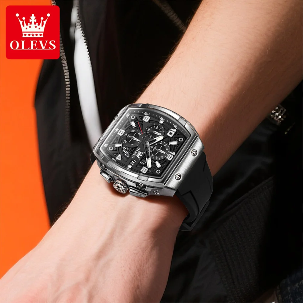 OLEVS 2976 Quartz Watch Man Tonneau 50mm Big Dial Luminous Waterproof Watch For Men Chronograph Date Silicone Strap Wristwatch