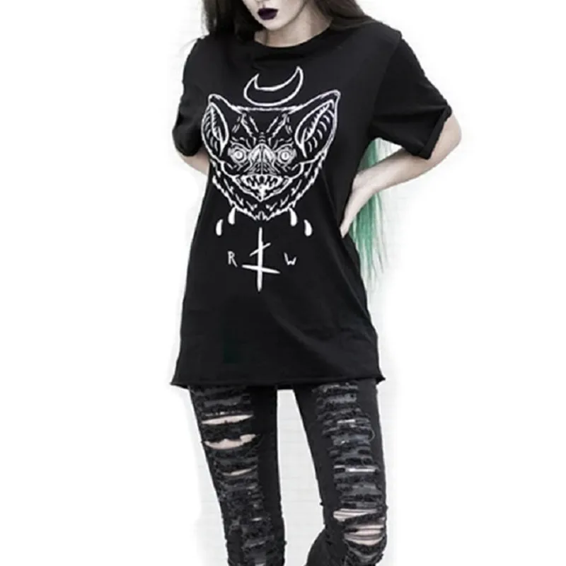 Dark Gothic Shirt Women Short Sleeve Shirt 2024 New Blood Thirsty Batface Print Black T shirt Punk Female Summer Tops