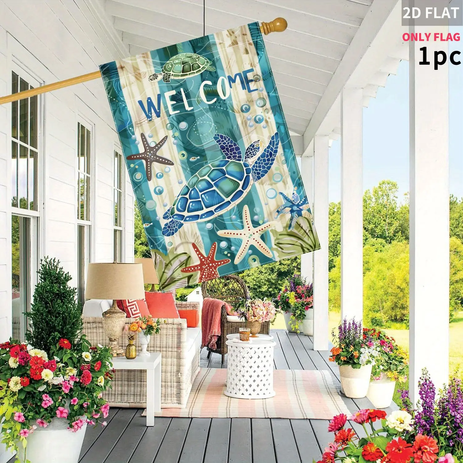 

2D 1pc Double-Sided Garden flag Turtle Starfish Seashell Welcome Pattern Blue Green 28x40 Inch Polyester(Pole Not Included)