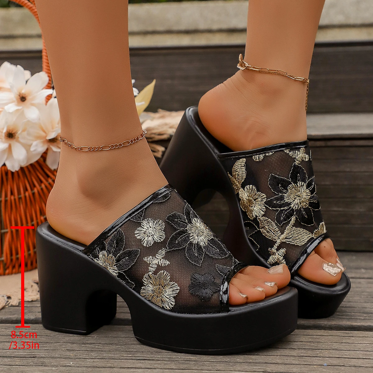 Elegant Summer Women Mesh Fabric Embroidered Floral Open Toe Chunky Block High Heel Platform Casual Sandal Slides Slippers Shoes view 4