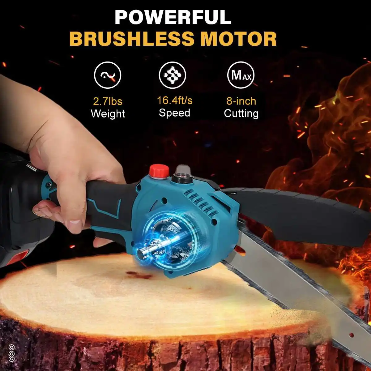 8-inch Brushless Electric Chain Saw With 1/2pcs 2.0 Ah Batteries Handheld Pruning Chainsaw Woodworking Cutting Tools