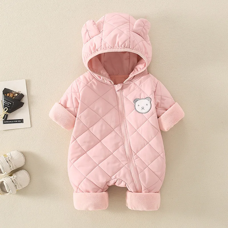 AYNIGIELL Late Autumn, Early Winter Baby Jumpsuit Thick Warm Infant Hooded Inside Fleece Rompers Newborn Boy Girl Overalls