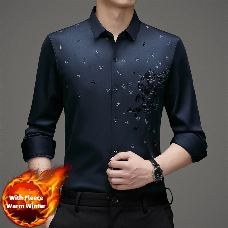 Men Dress Shirts With Fleece Keep Warm Winter Anti Wrinkle Seamless Top High End Business Long Sleeve No Iron Casual Print Shirt