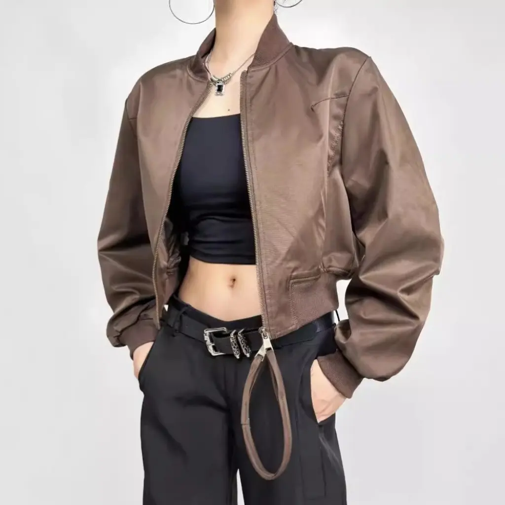 

Women's American Style Retro Short Double Zip Jacket Coat Casual Loose Collar Baseball Suit Top for Autumn
