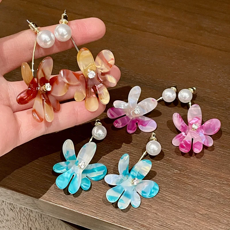 New Chinese-style two-wear super fairy French-style retro acetate pearl flower earrings, high-end niche temperament stud earring