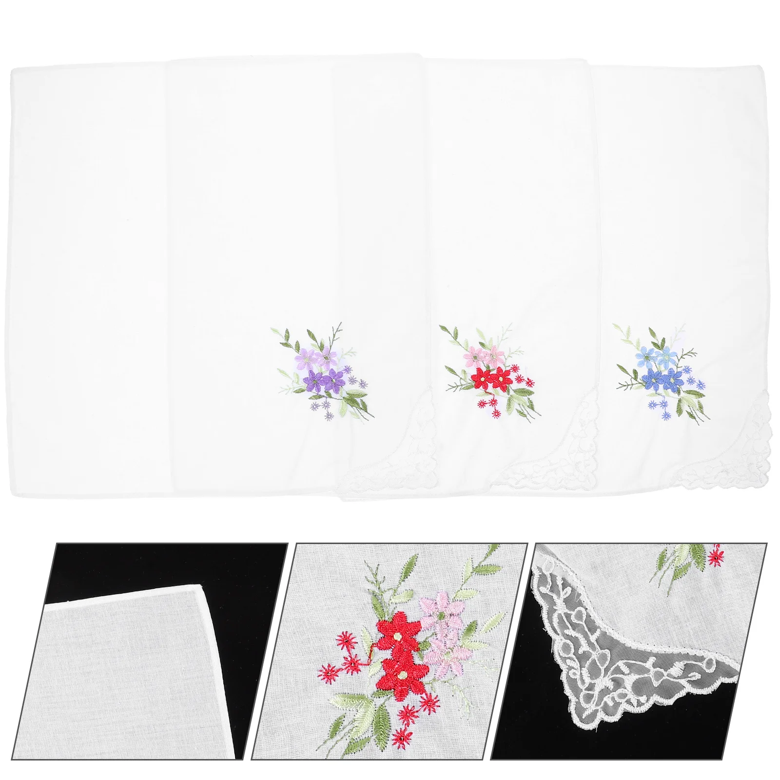 

3pcs Flower Embroidery Handkerchief Vintage Lace Ladies Mixed Color Soft Cotton Fabric Pocket Square Bridal Shower Gift Tea