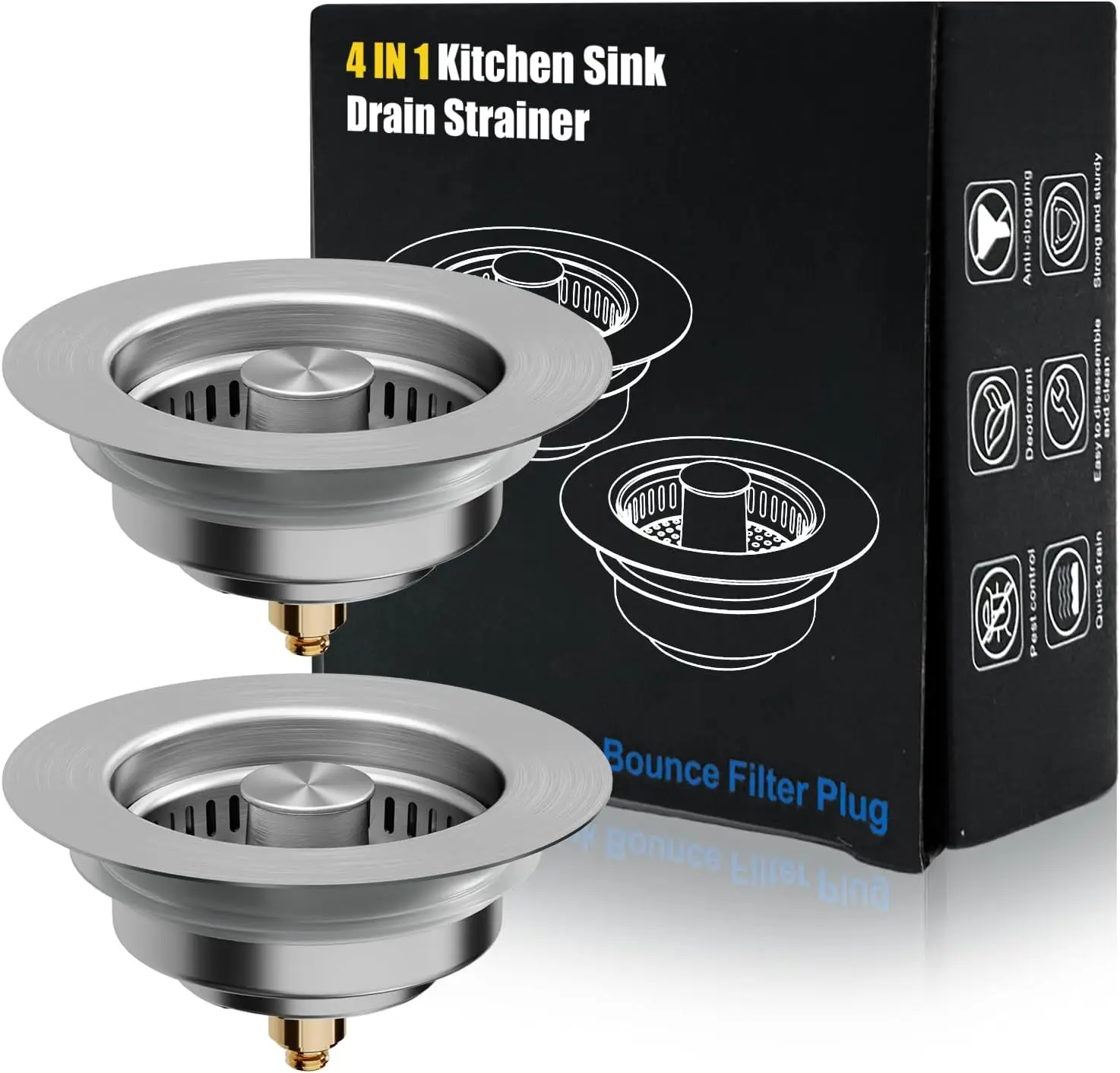 Kitchen Sink Drain Strainer, 4 in 1 All Stainless Steel Sink Strainer, Pop Up Anti-Clogging Sink Stopper, Sink Strainer